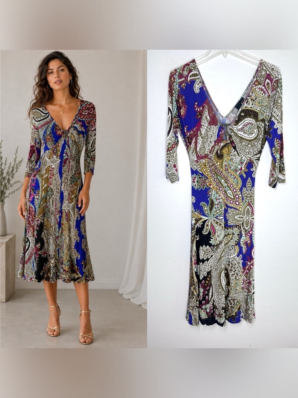 Just Cavalli Paisley Print Stretch Jersey Dress Buckle Detail Italy Sz 44 (US 8)